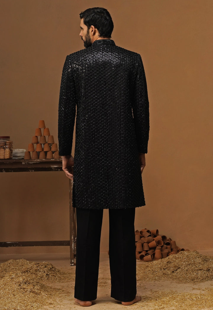 Black Shimmer Georgette Sherwani Set