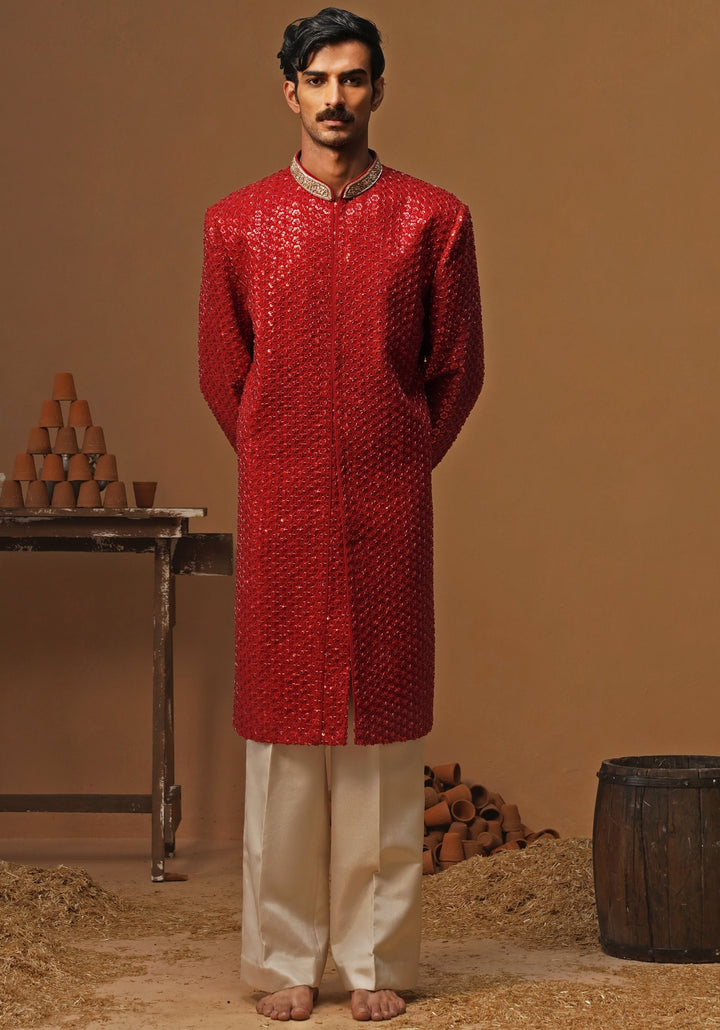 Red Georgette Sherwani Set