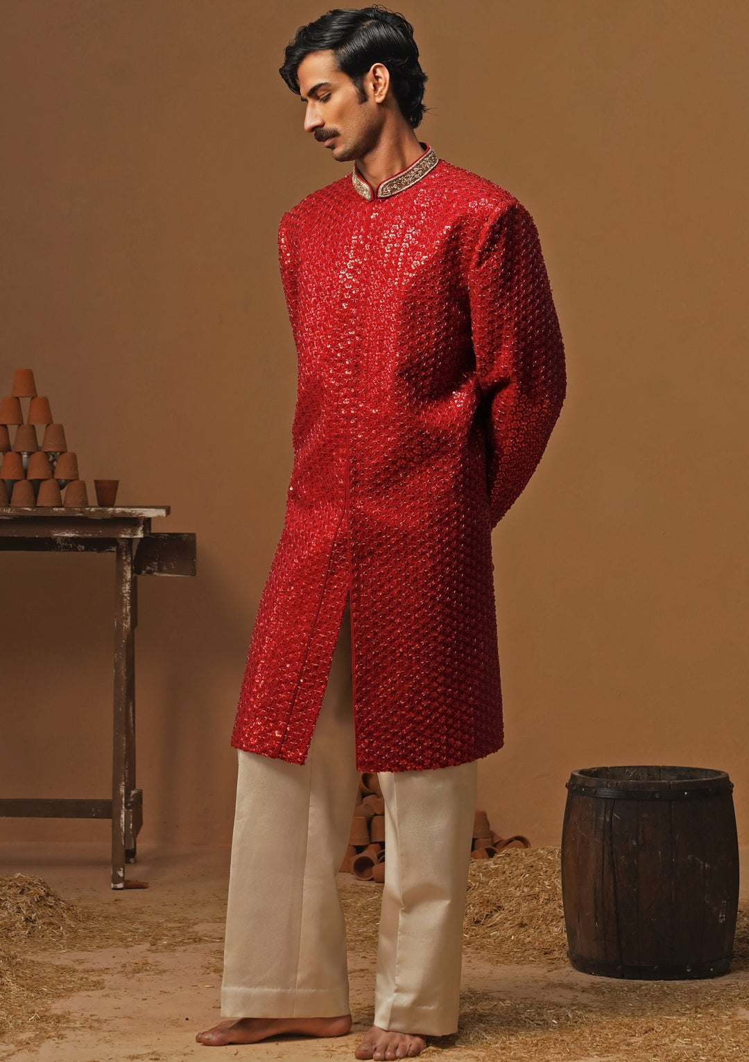 Red Georgette Sherwani Set