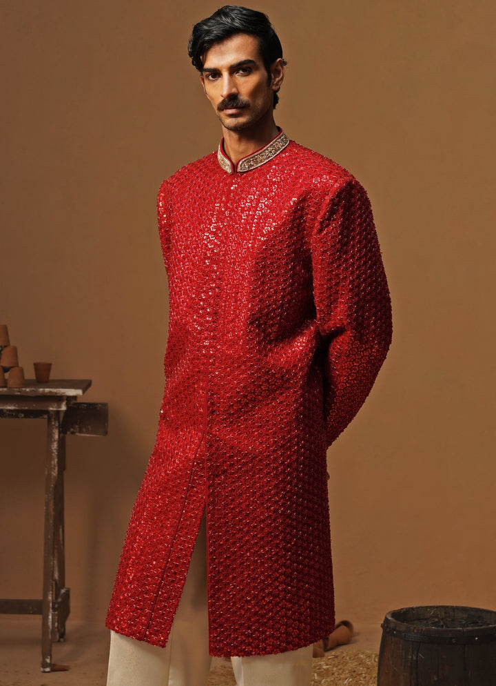 Red Georgette Sherwani Set