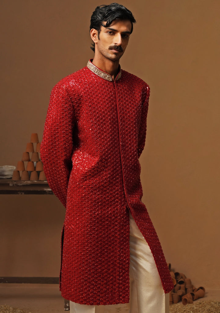 Red Georgette Sherwani Set