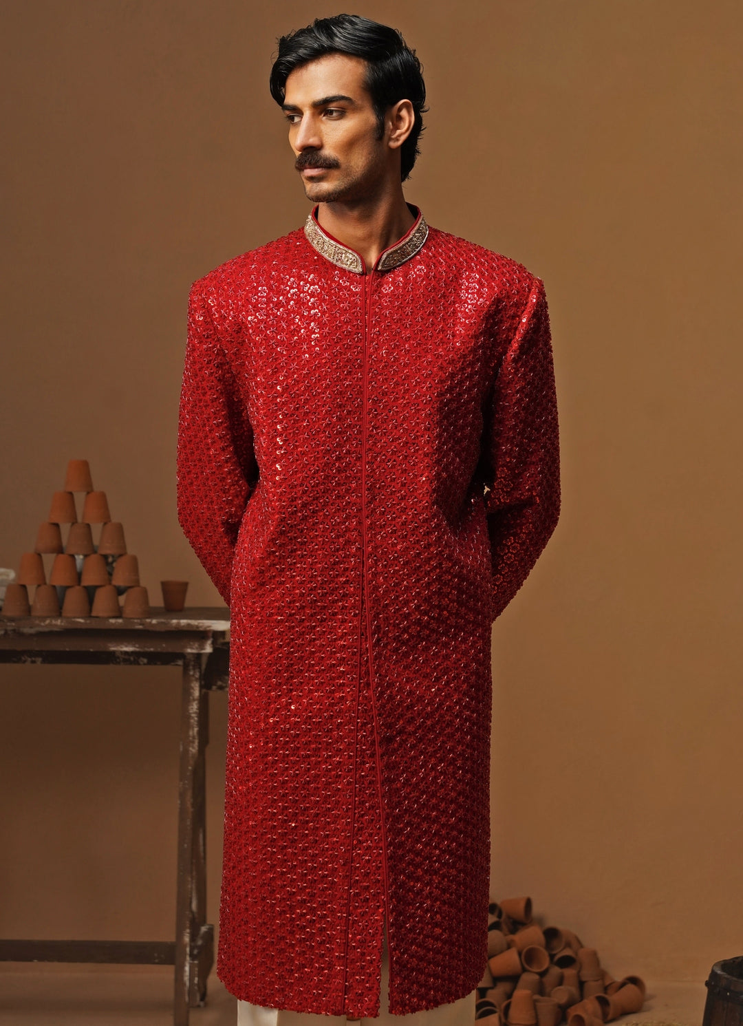 Red Georgette Sherwani Set