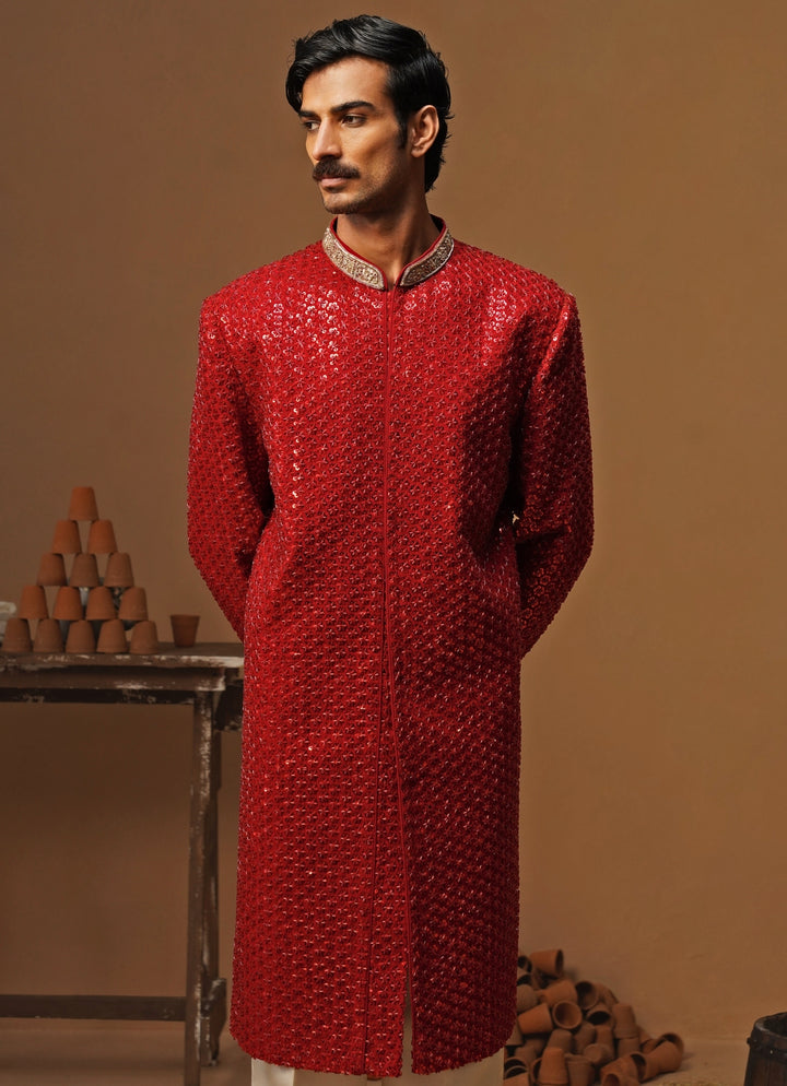 Red Georgette Sherwani Set