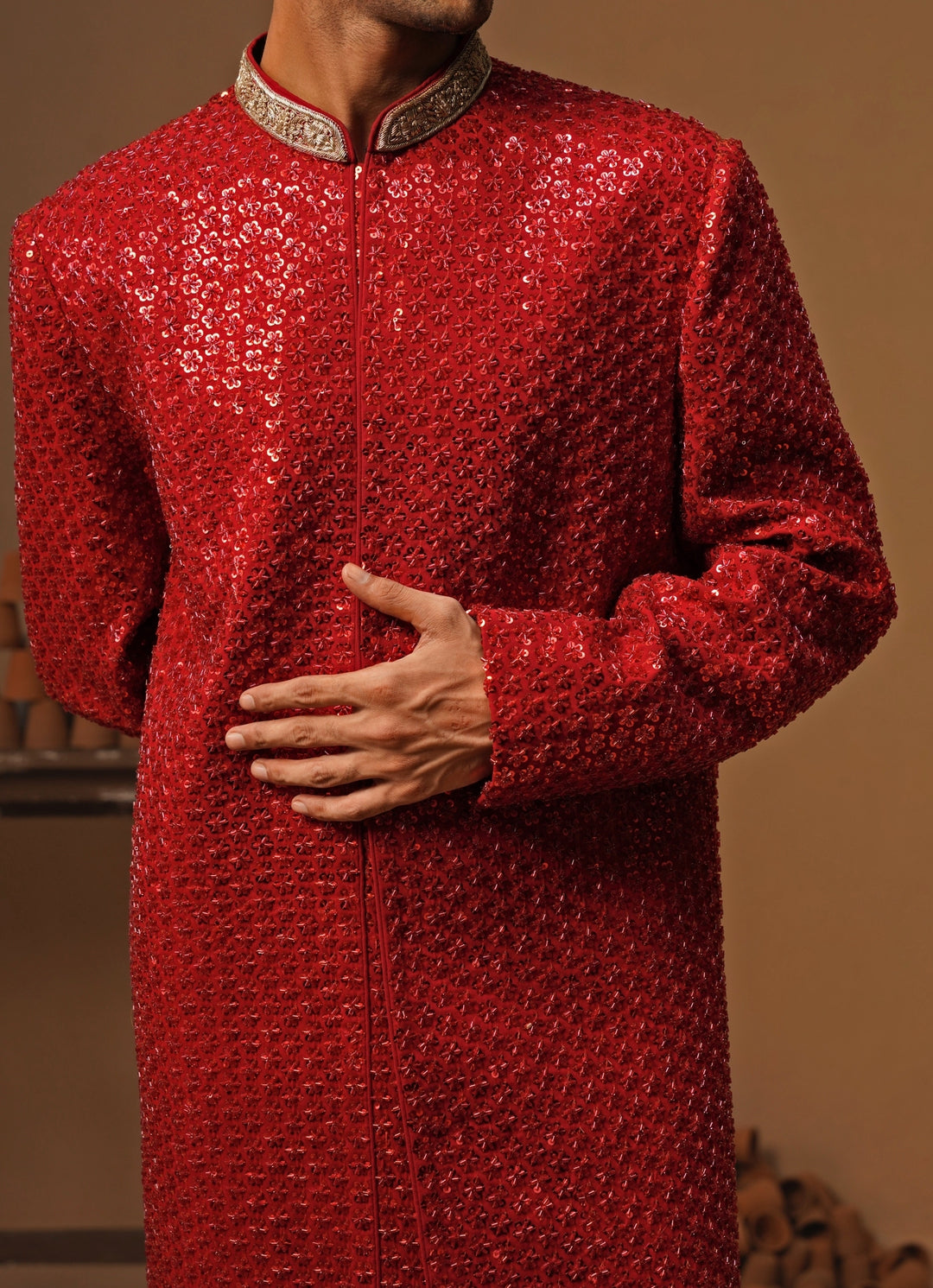 Red Georgette Sherwani Set