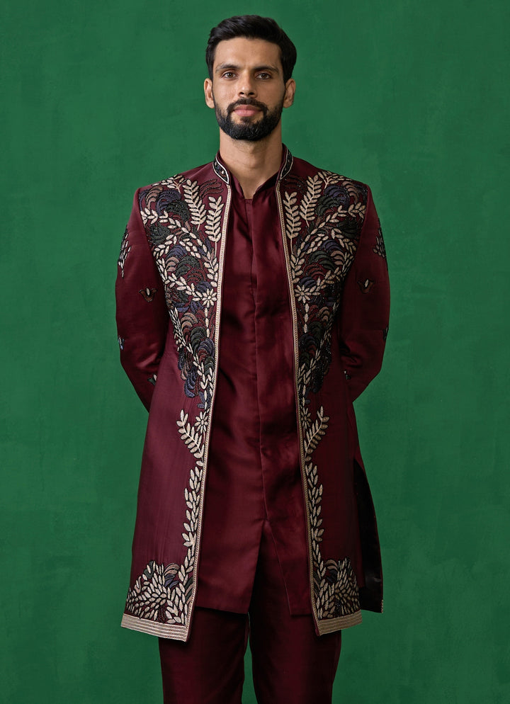 Wine Embroidered Silk Long Jacket Kurta Set