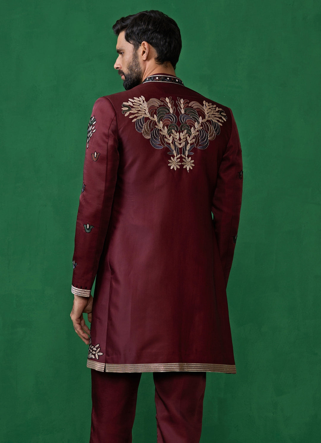 Wine Embroidered Silk Long Jacket Kurta Set