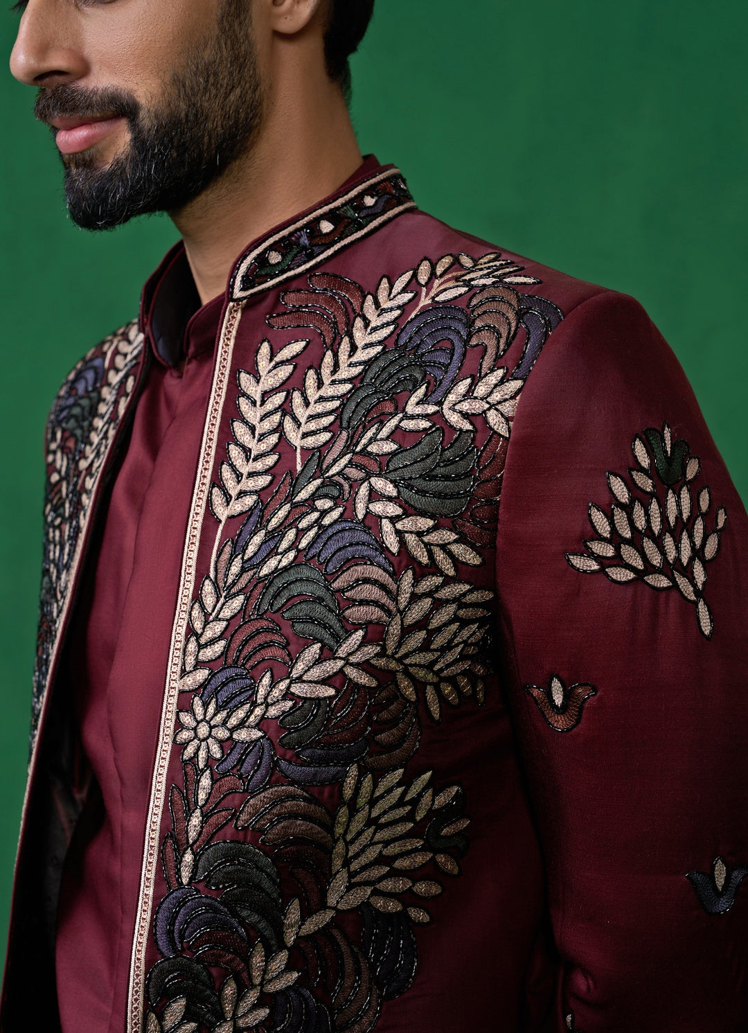 Wine Embroidered Silk Long Jacket Kurta Set