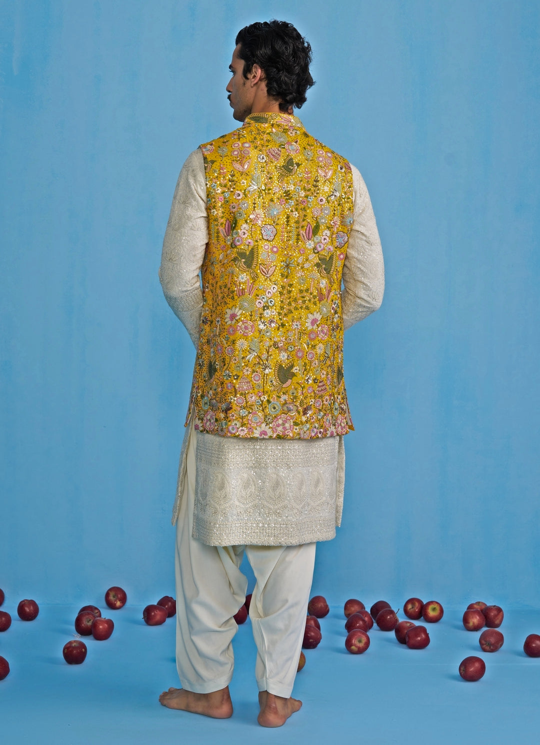 Yellow And White Embroidered Georgette Kurta Jacket Set