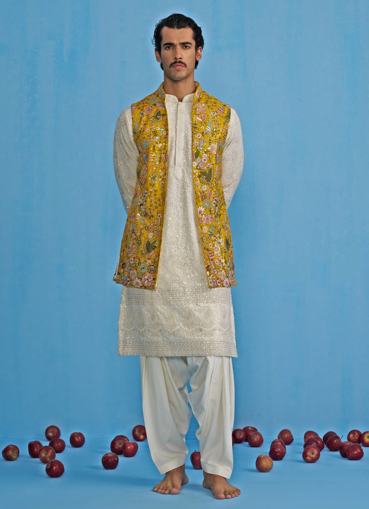Yellow And White Embroidered Georgette Kurta Jacket Set