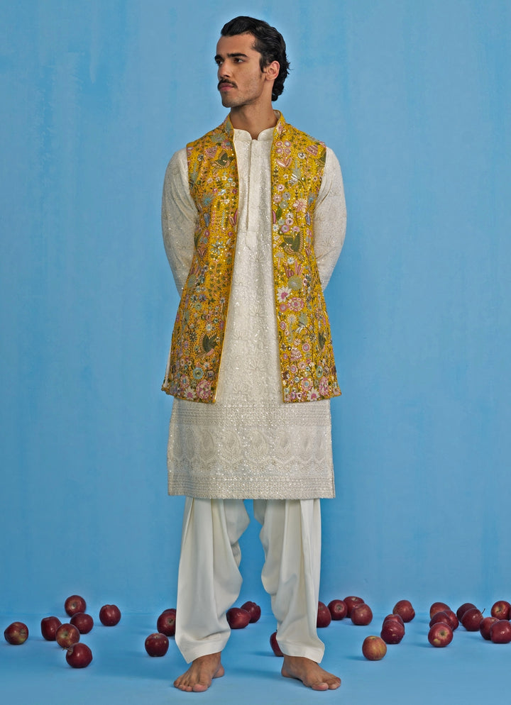 Yellow And White Embroidered Georgette Kurta Jacket Set