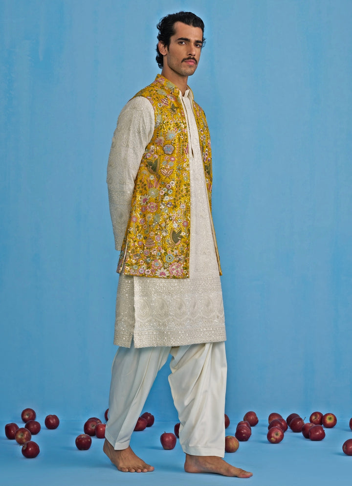 Yellow And White Embroidered Georgette Kurta Jacket Set