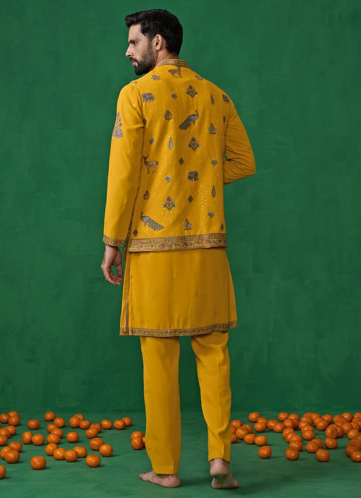 Yellow Embroidered Georgette Kurta Jacket Set