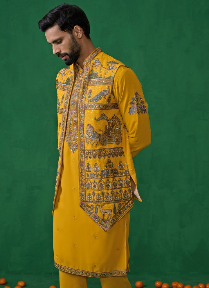 Yellow Embroidered Georgette Kurta Jacket Set