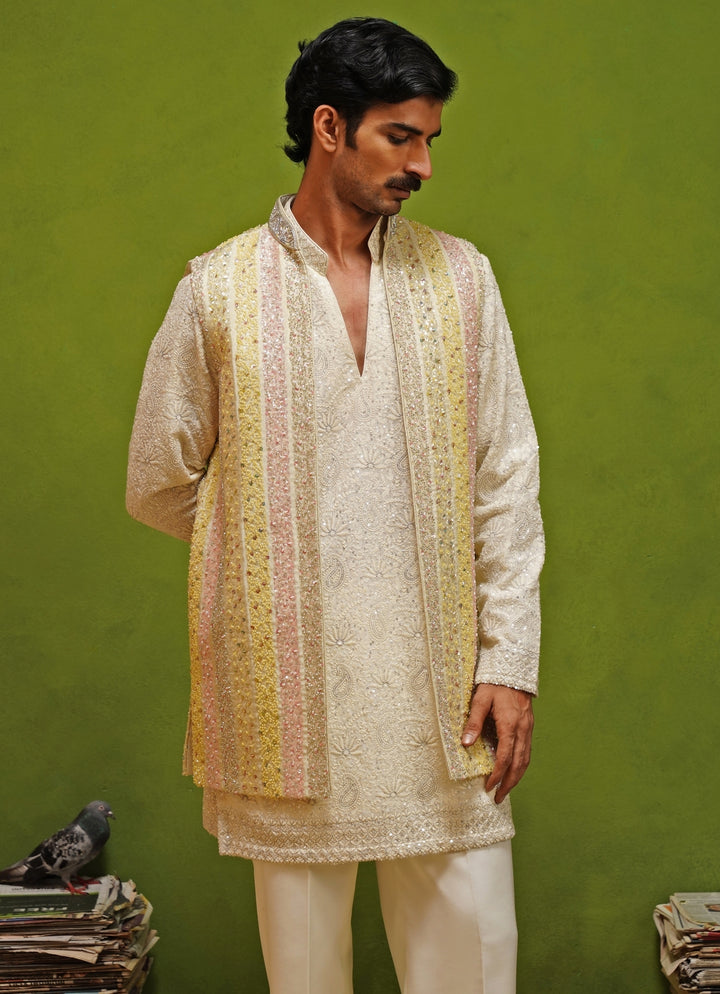Ivory and Multicolor Georgette Kurta Jacket Set