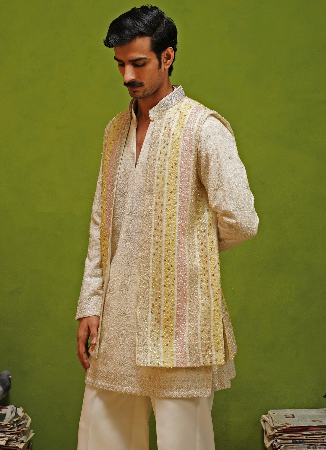Ivory and Multicolor Georgette Kurta Jacket Set