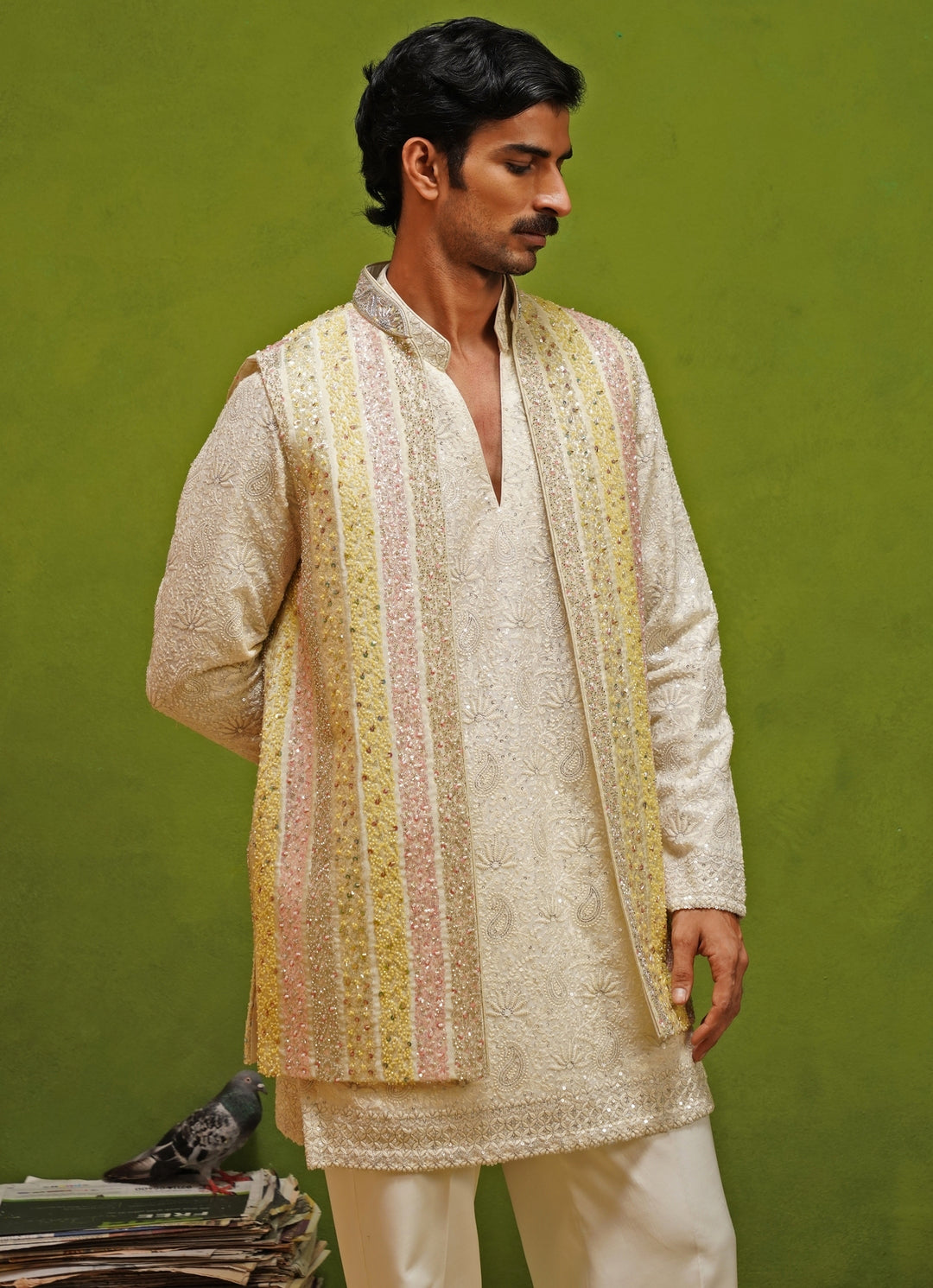 Ivory and Multicolor Georgette Kurta Jacket Set