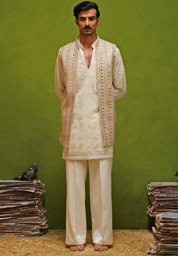 Ivory and Gold Georgette Kurta Jacket Set