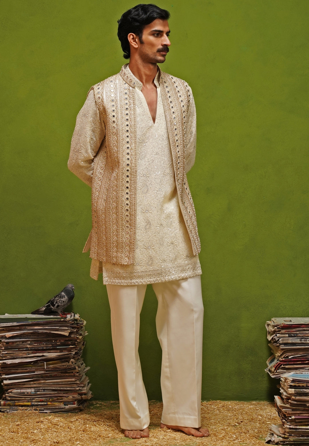 Ivory and Gold Georgette Kurta Jacket Set