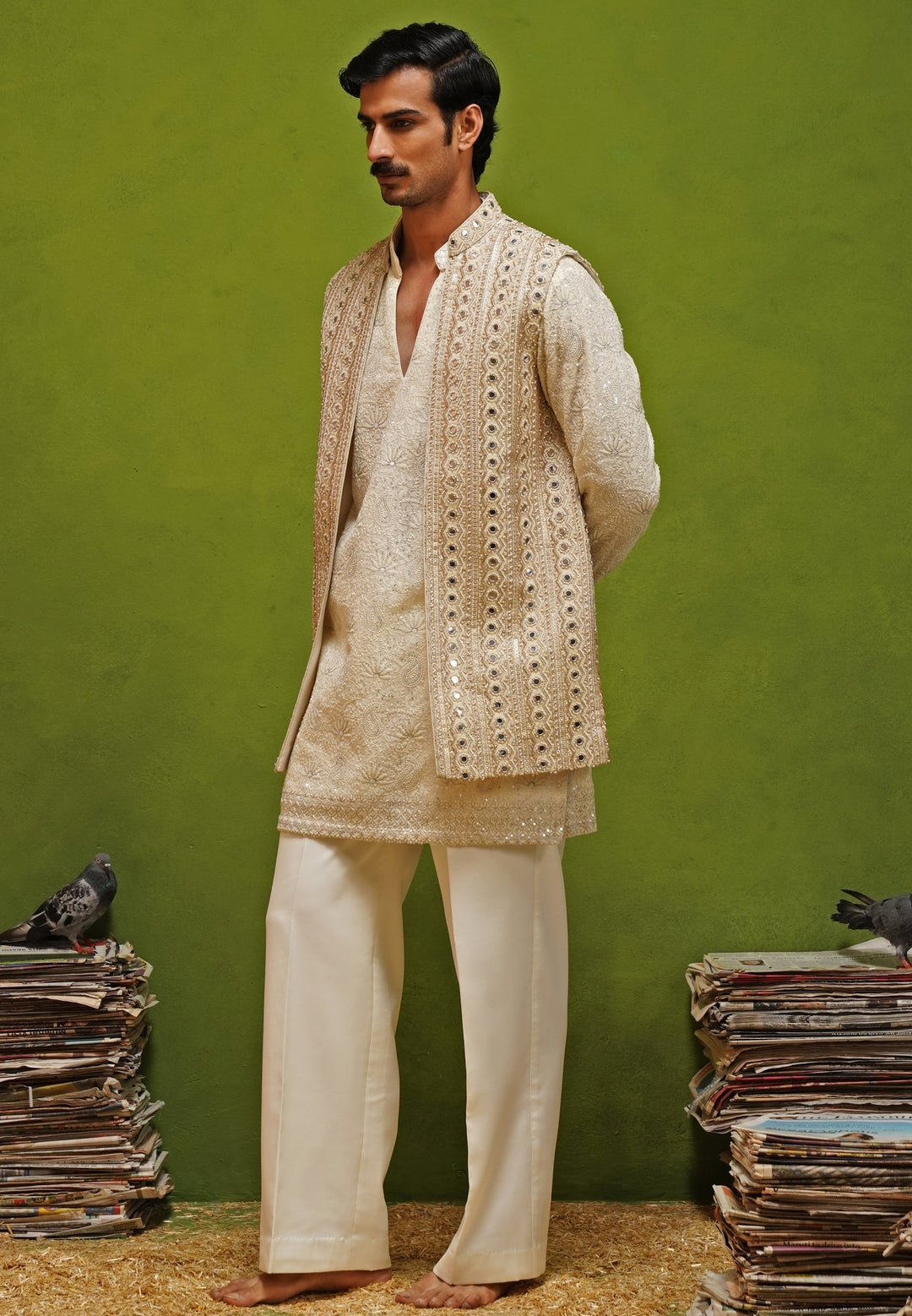 Ivory and Gold Georgette Kurta Jacket Set