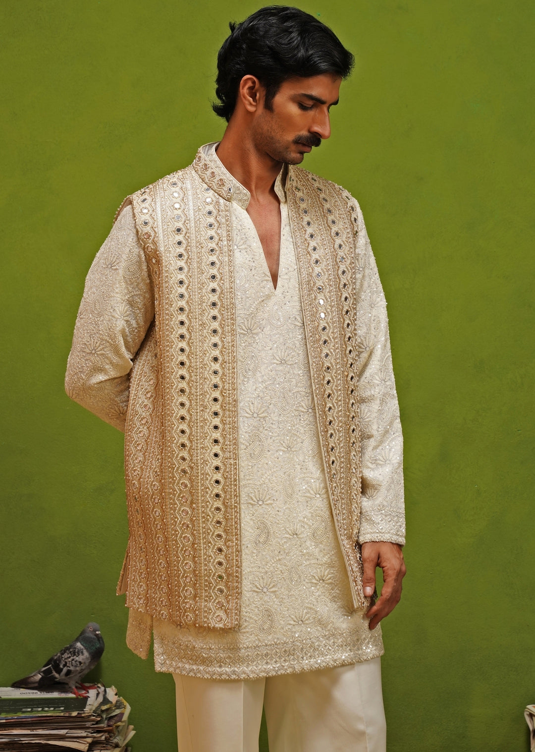 Ivory and Gold Georgette Kurta Jacket Set