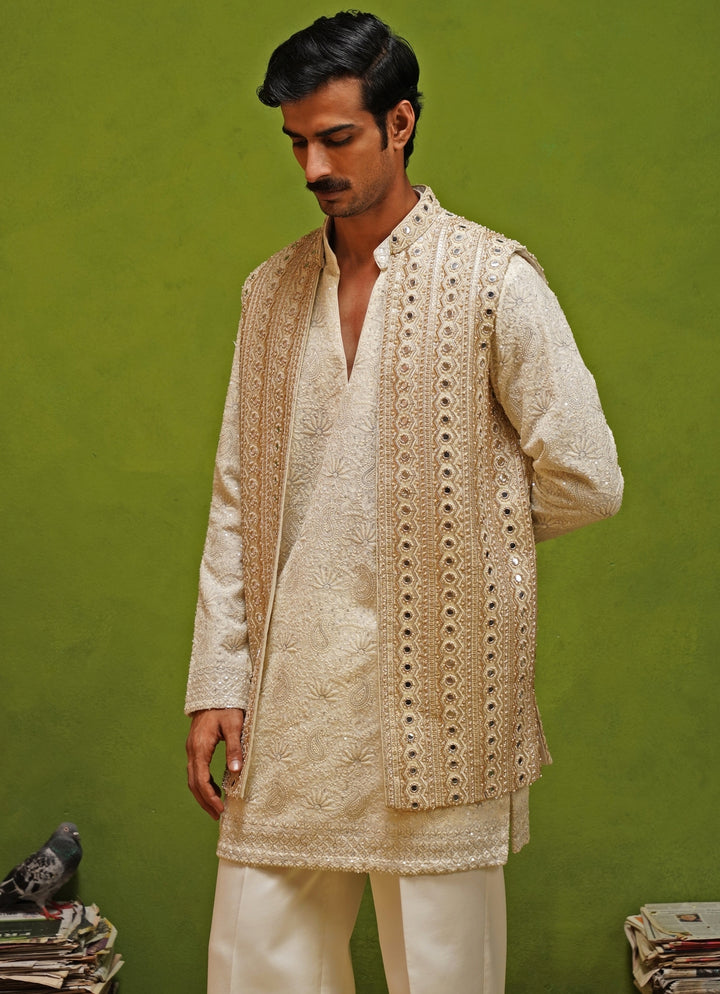 Ivory and Gold Georgette Kurta Jacket Set