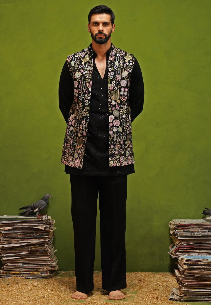 Black Embroidered Georgette Nehru Jacket Set