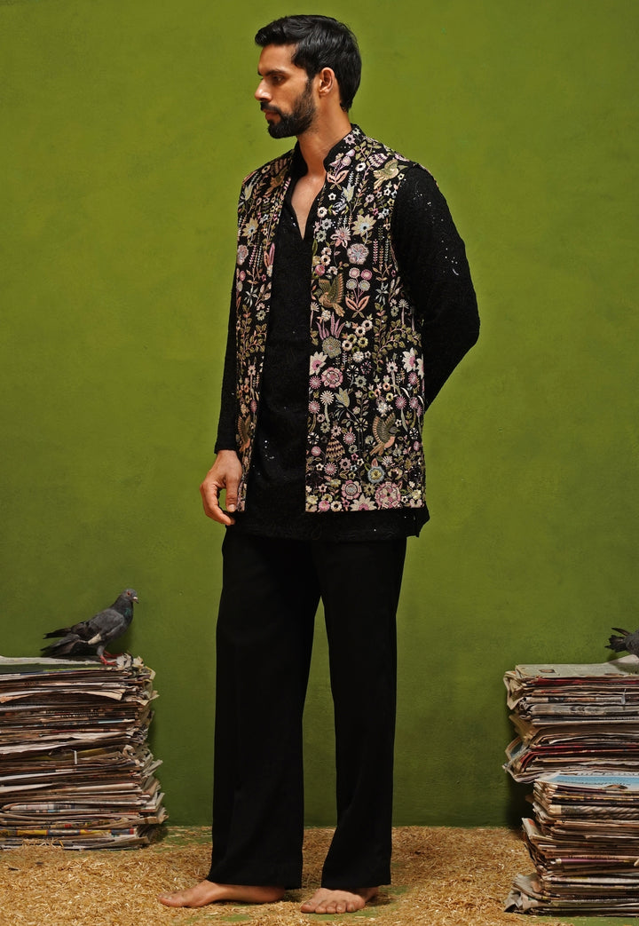 Black Embroidered Georgette Nehru Jacket Set
