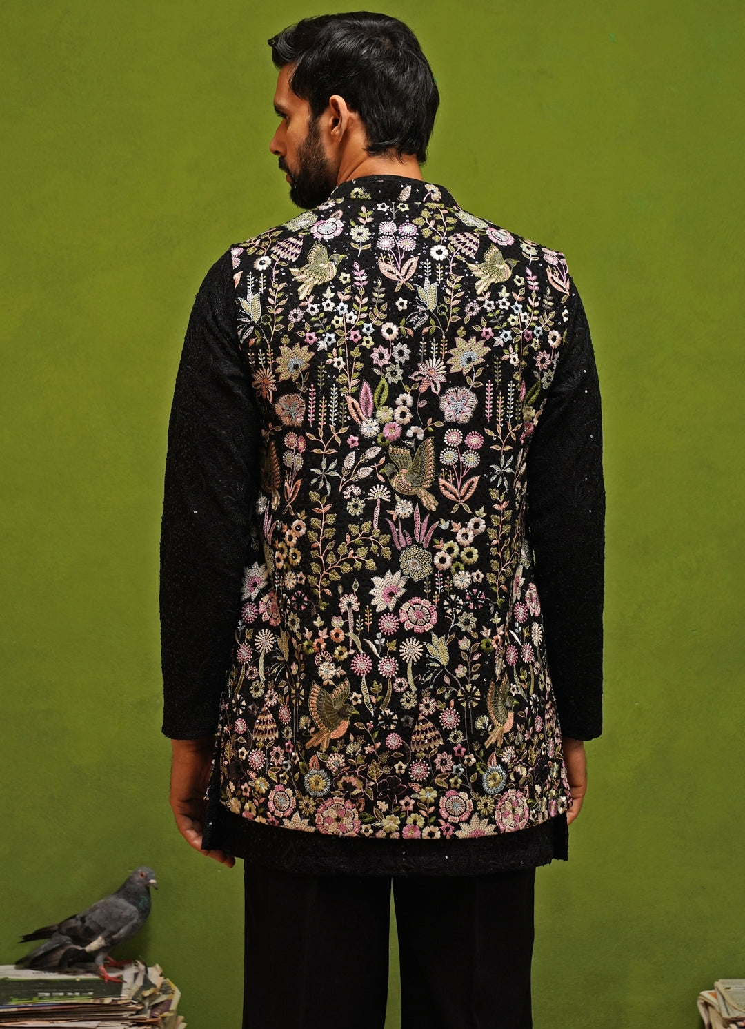 Black Embroidered Georgette Nehru Jacket Set
