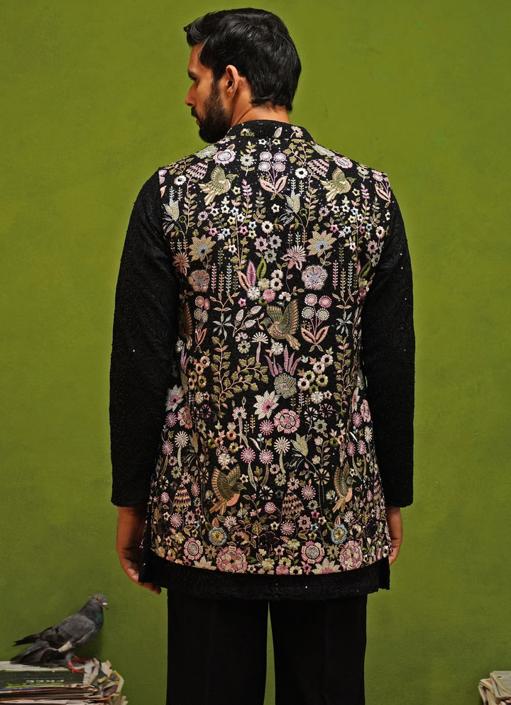 Black Embroidered Georgette Nehru Jacket Set