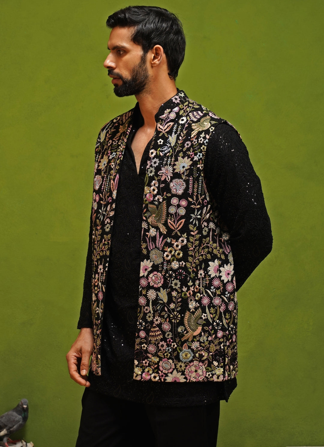 Black Embroidered Georgette Nehru Jacket Set