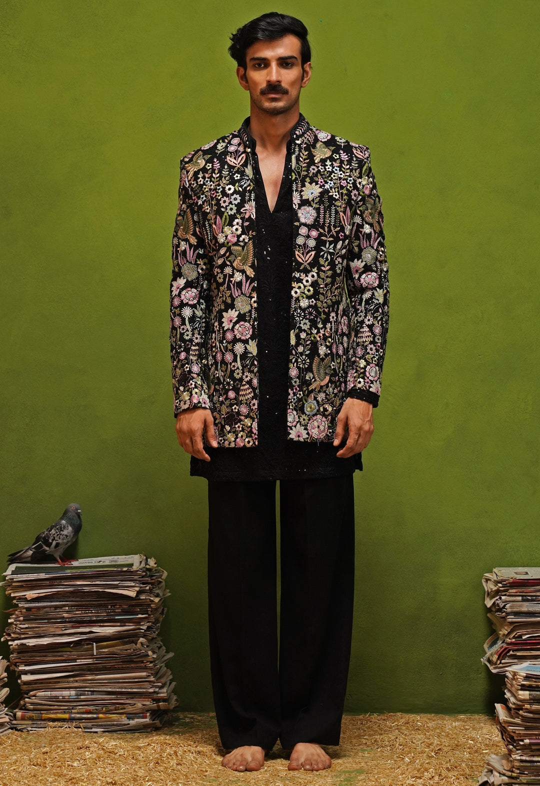 Black Floral Georgette Jodhpuri Set
