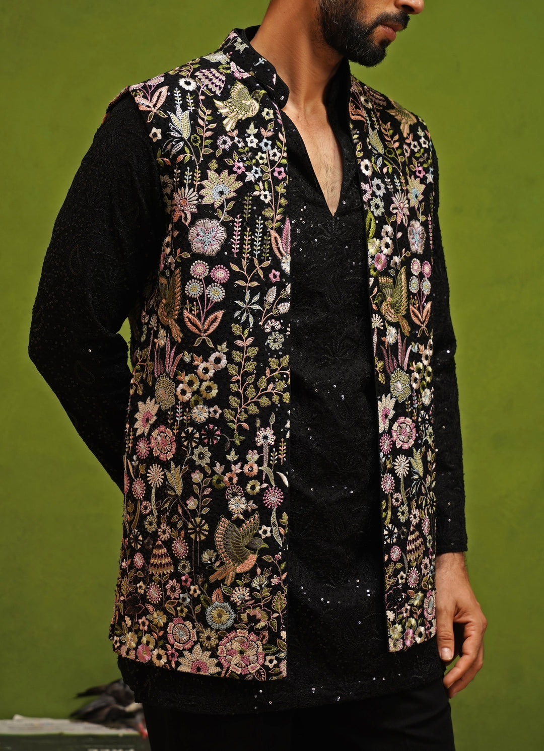 Black Embroidered Georgette Nehru Jacket Set