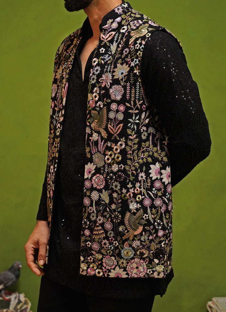 Black Embroidered Georgette Nehru Jacket Set