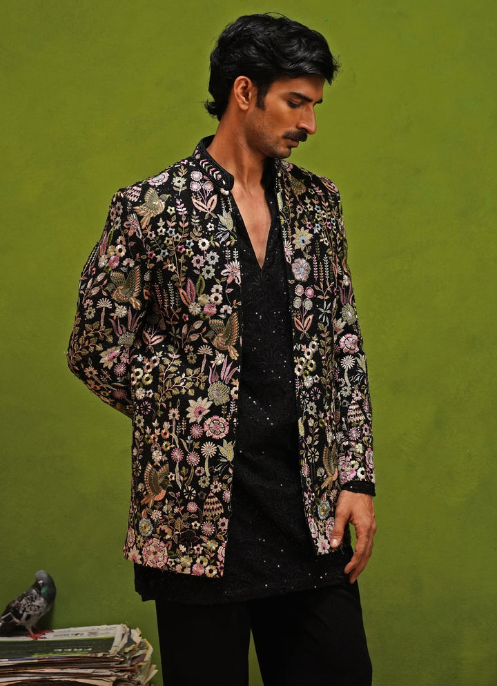Black Floral Georgette Jodhpuri Set