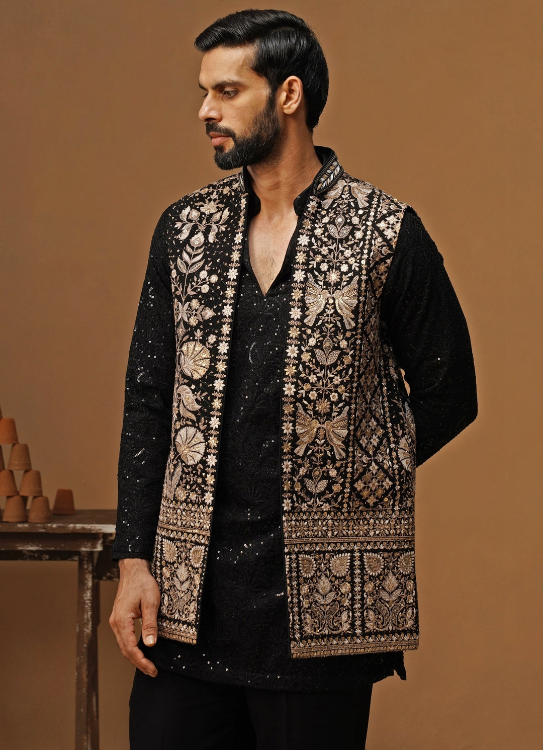 Black Georgette Nehru Jacket Set