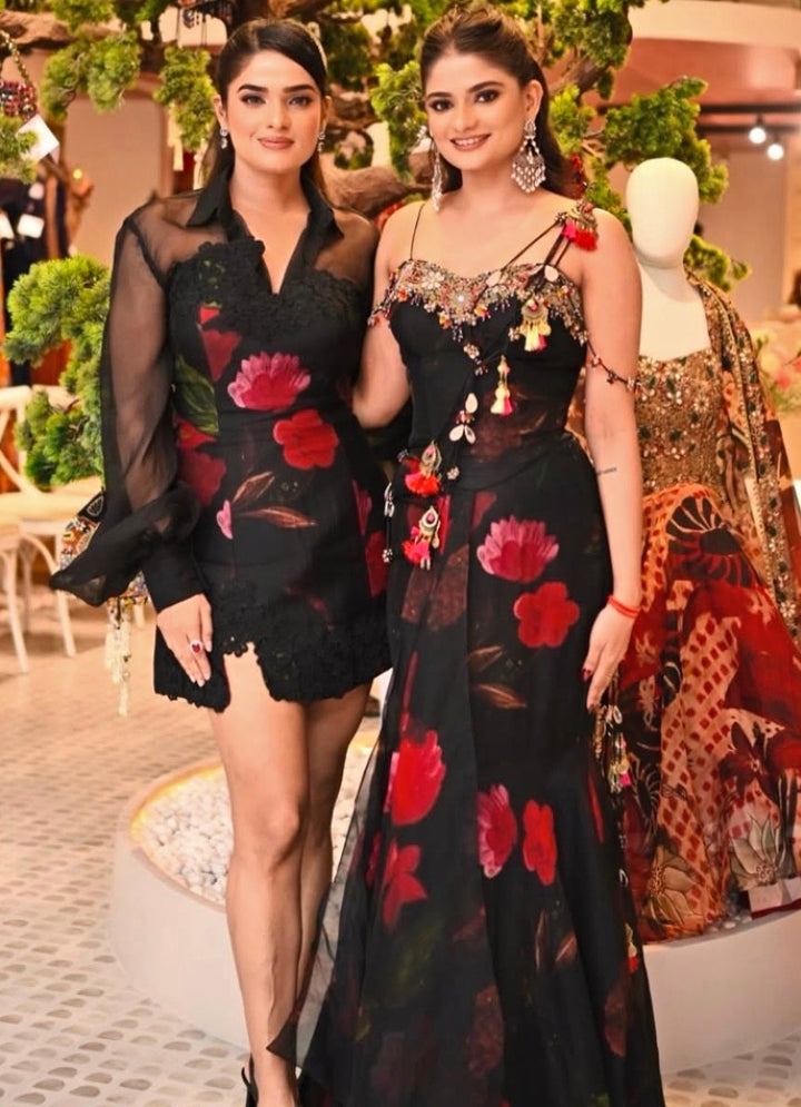 Black Organza Pre-Draped Printed Saree With Corset