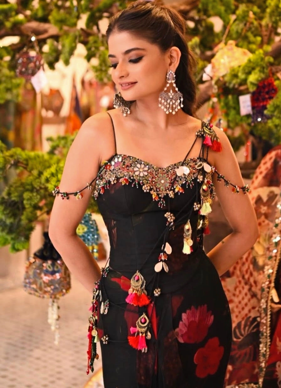 Black Organza Pre-Draped Printed Saree With Corset
