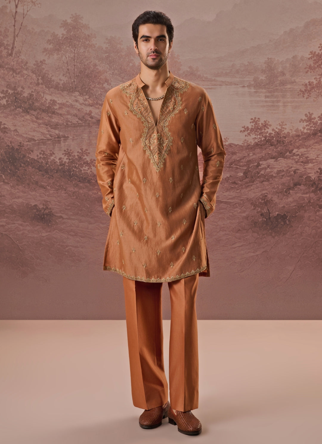 Rust Copper Spun Silk Kurta Set