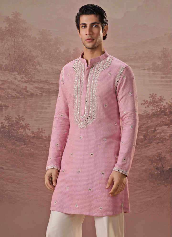 Pastel Pink Bagalpuri Silk Kurta Set