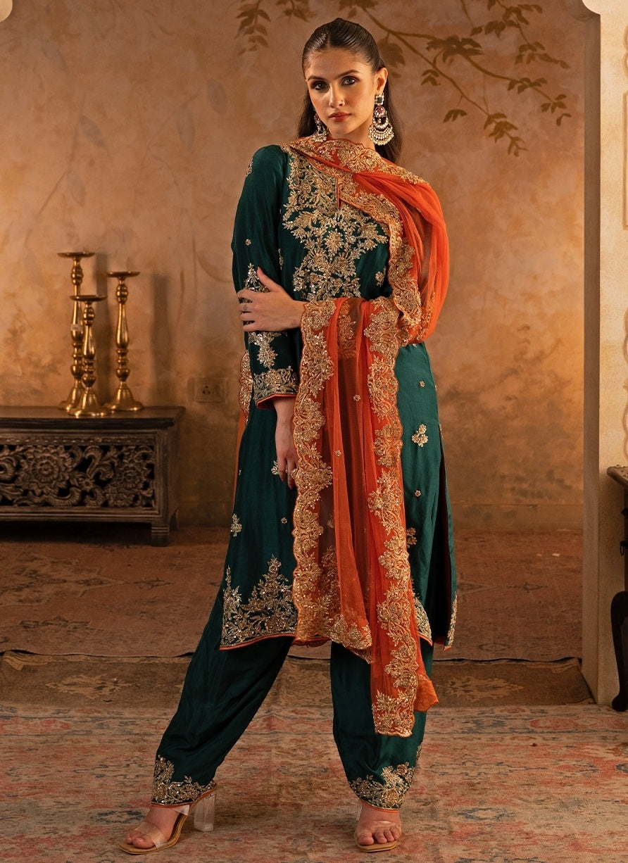 Emerald Green Silk Kurta Pants With Orange Dupatta