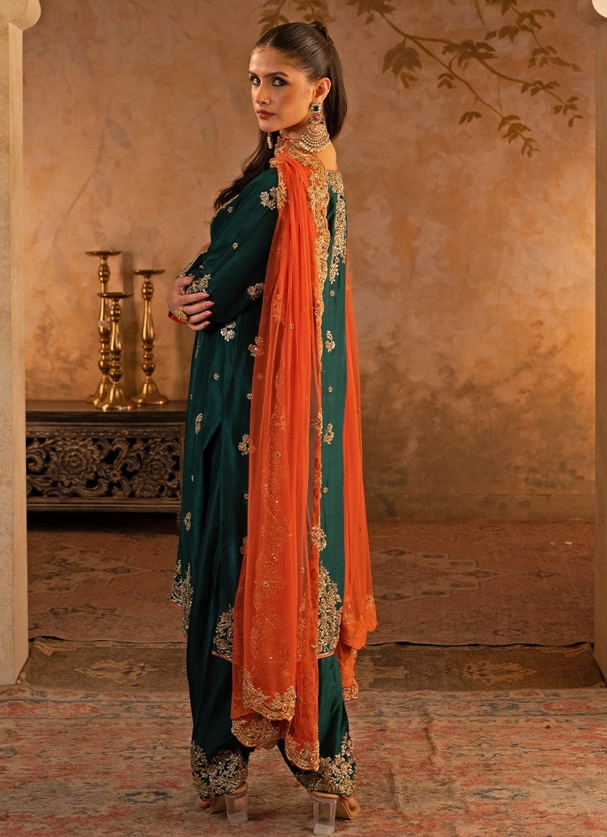 Emerald Green Silk Kurta Pants With Orange Dupatta