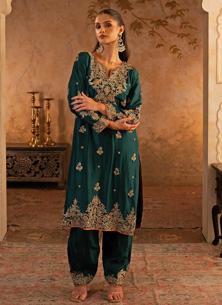 Emerald Green Silk Kurta Pants With Orange Dupatta