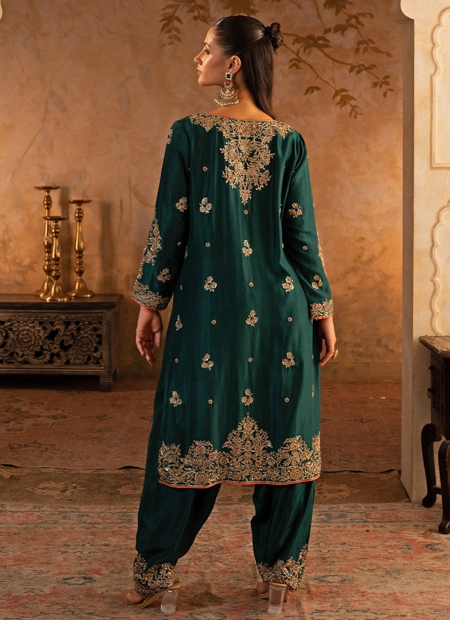Emerald Green Silk Kurta Pants With Orange Dupatta