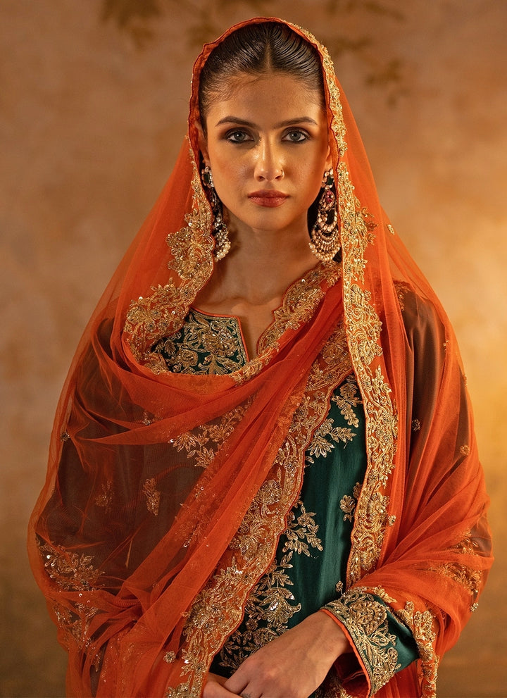 Emerald Green Silk Kurta Pants With Orange Dupatta