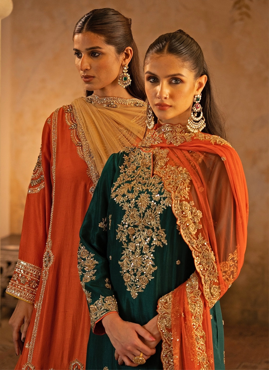 Emerald Green Silk Kurta Pants With Orange Dupatta