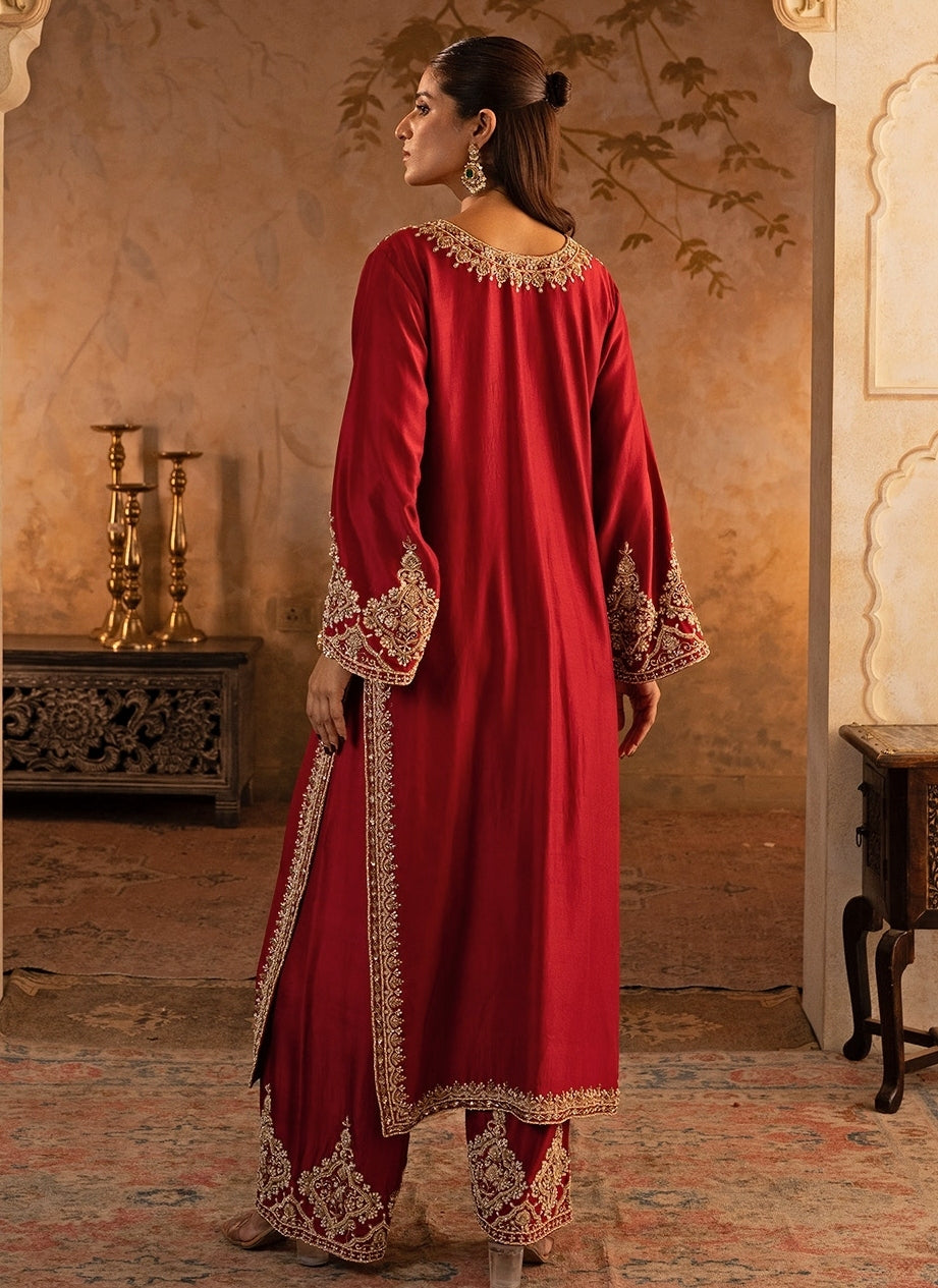 Maroon Red Silk Kurta Pants With Green Dupatta