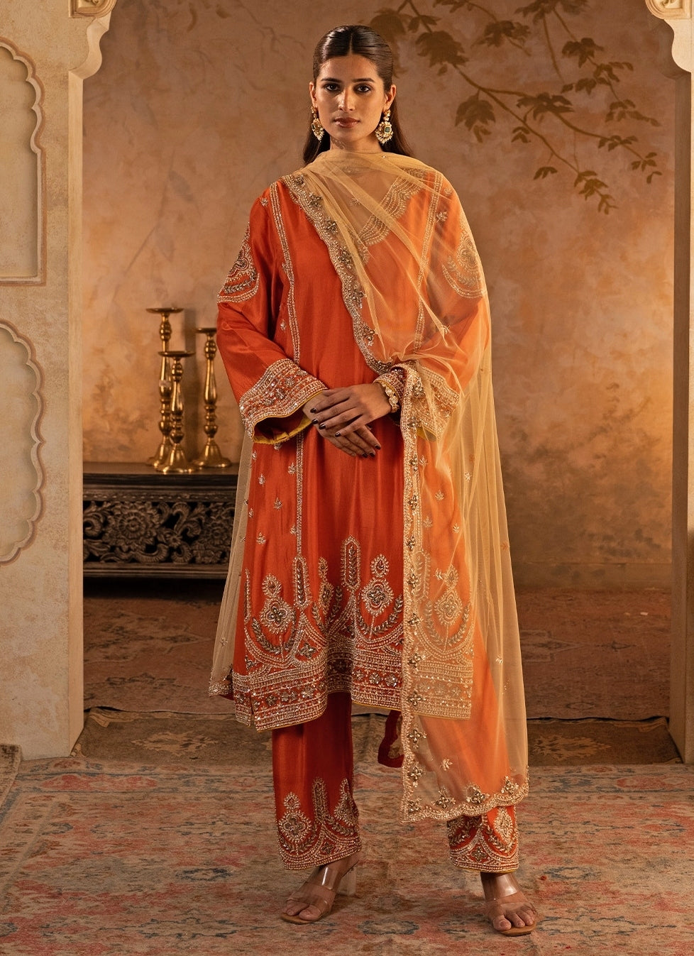 Rust Orange Silk Kurta Pants With Gold Dupatta