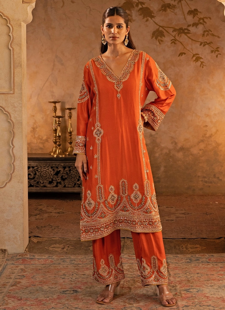 Rust Orange Silk Kurta Pants With Gold Dupatta