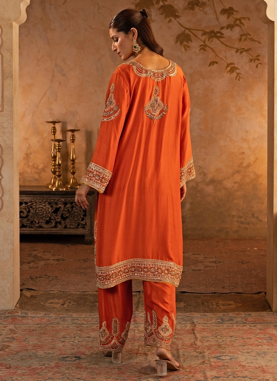 Rust Orange Silk Kurta Pants With Gold Dupatta