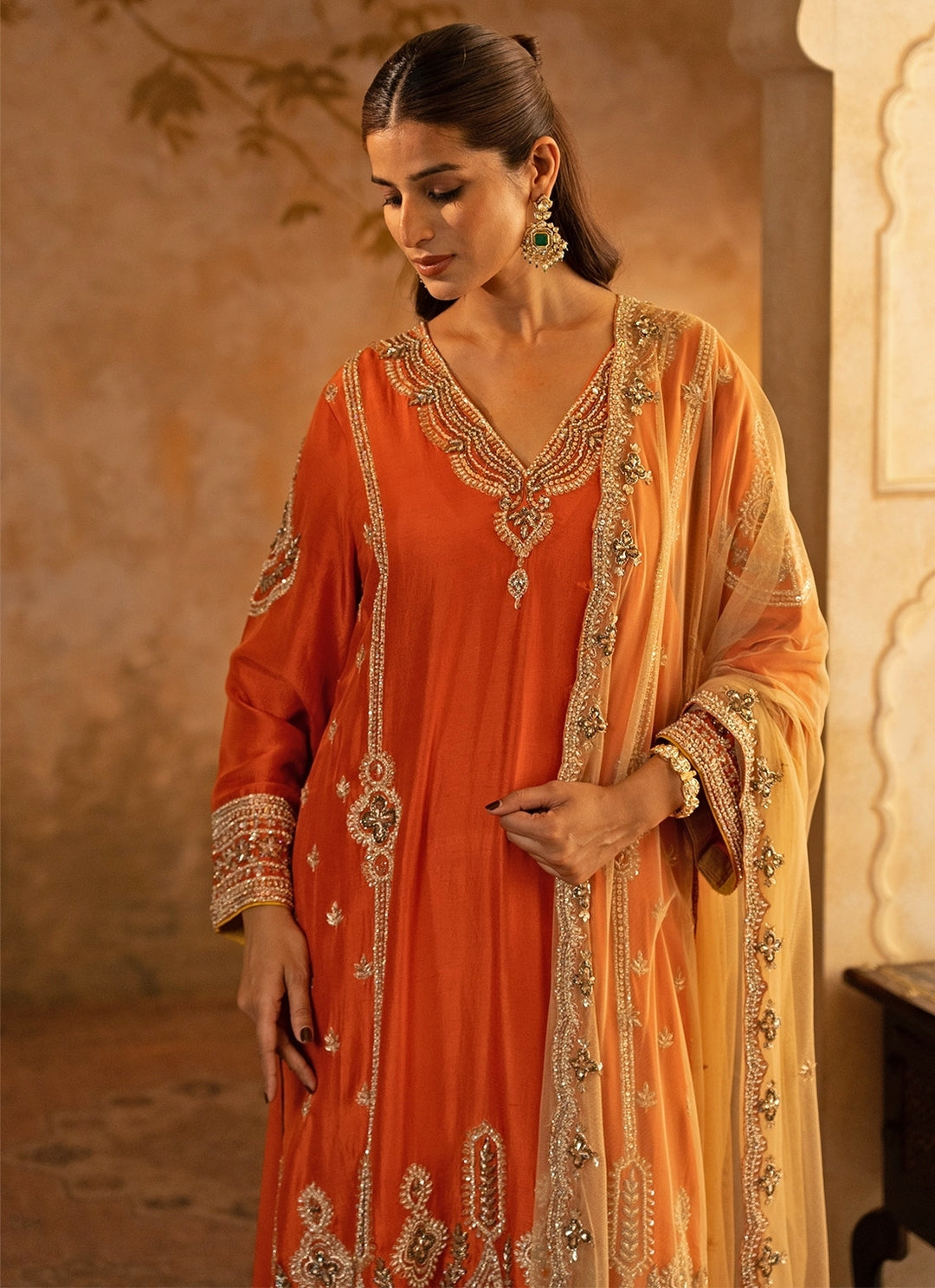 Rust Orange Silk Kurta Pants With Gold Dupatta